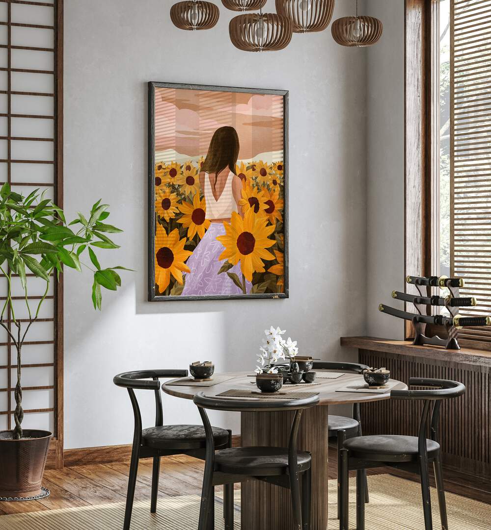 Sunflower Evenings By Goed Blauw Portraits & Figurative Illustrations in Dark Wood Plain Frame placed on a White Colored Wall near a Coffee Table in the Dining Room