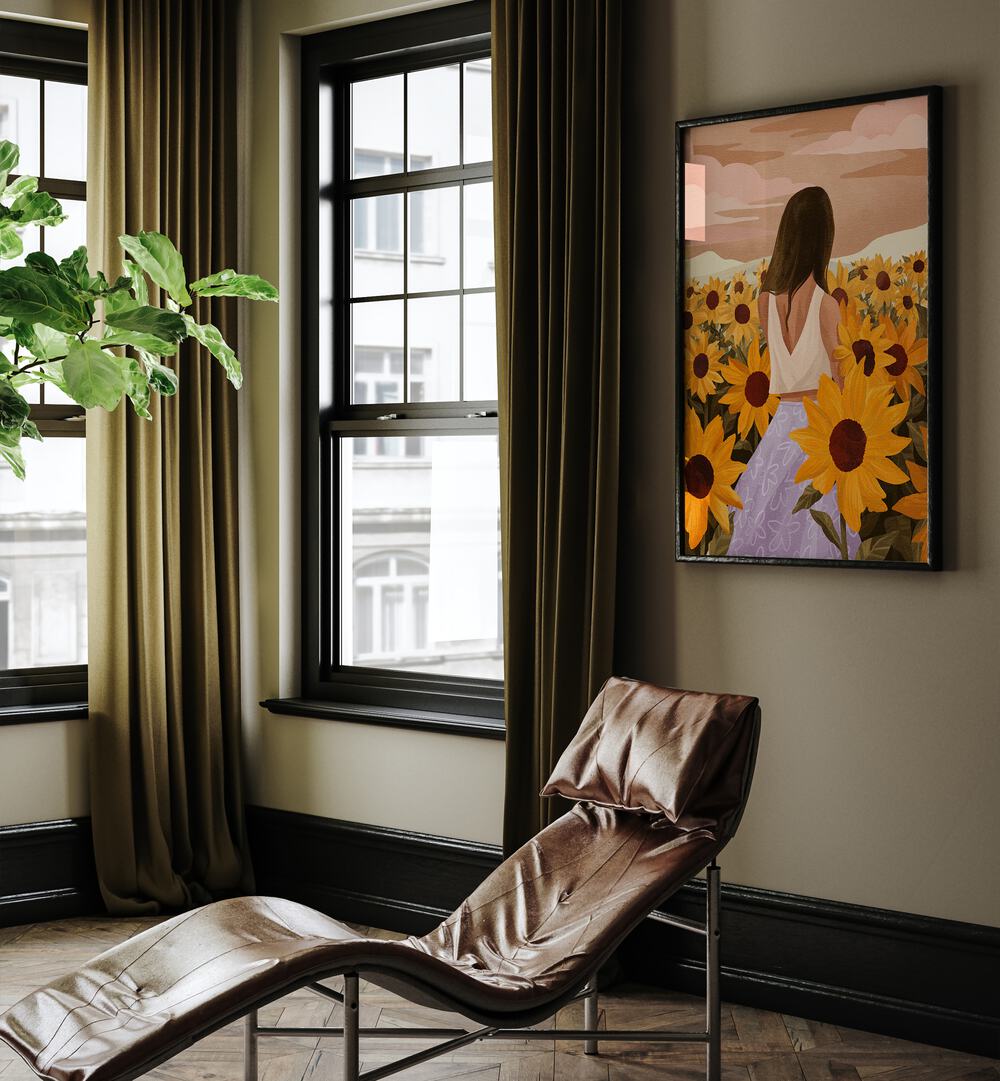 Sunflower Evenings By Goed Blauw Portraits & Figurative Illustrations in Black Plain Frame placed on a Beige Colored Wall in the Drawing Room