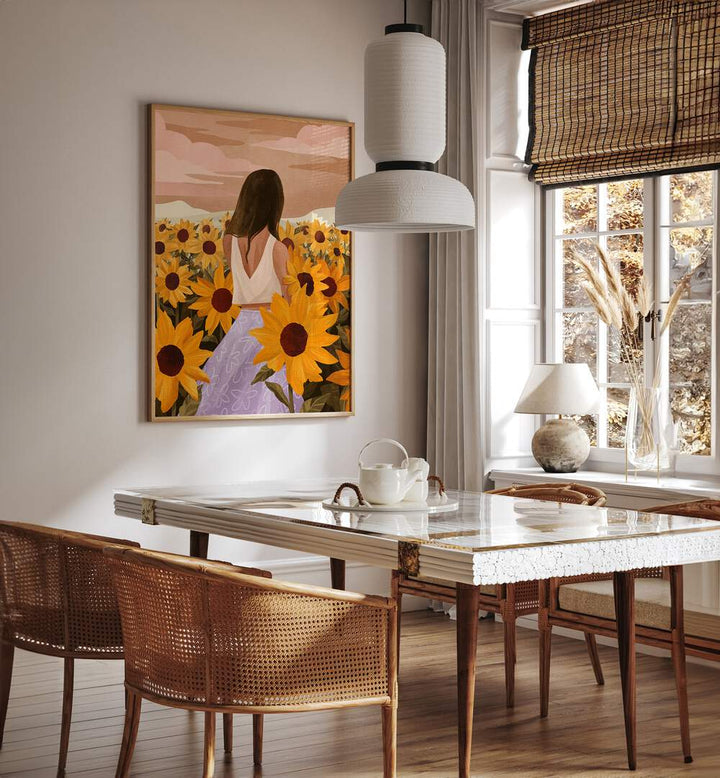 Sunflower Evenings By Goed Blauw Portraits & Figurative Illustrations in Oak Wood Plain Frame placed on a Cream Colored Wall near a Dining Table in the Dining Room