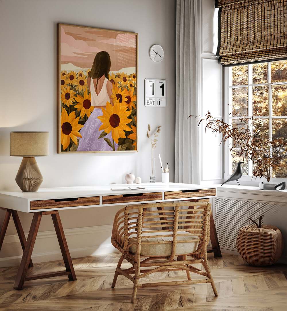 Sunflower Evenings By Goed Blauw Portraits & Figurative Illustrations in Oak Wood Plain Frame placed on a White Colored Wall above a Study Table in the Work Space in the Drawing Room