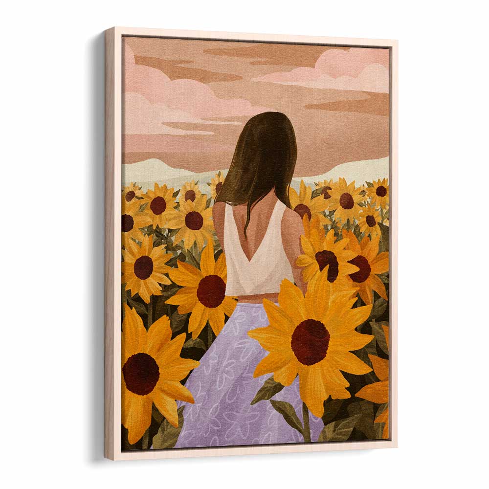 Sunflower Evenings By Goed Blauw Portraits & Figurative Illustrations in Oak Wood Floater Frame