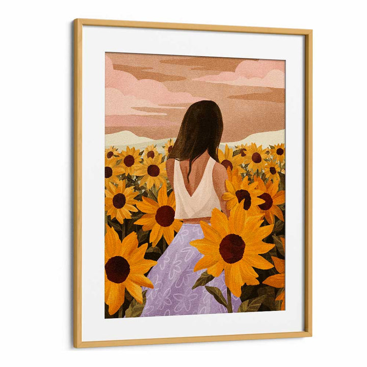 Sunflower Evenings By Goed Blauw Portraits & Figurative Illustrations in Oak Wood Frame With Mount