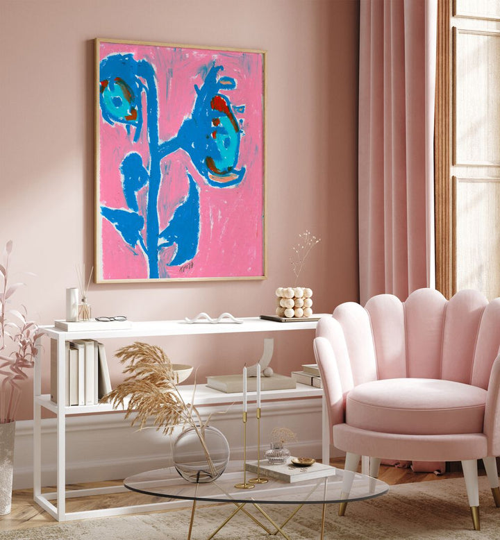 Sunflower Siblings By Ania Zwara Botanical Art Prints Floral Paintings in Oak Wood Plain Frame placed on a Pink Colored Wall above a Console Table in the Drawing Room