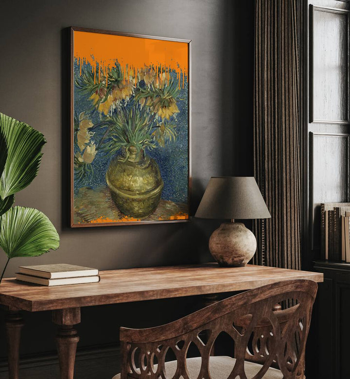 Sunflowers and the Splash Van Gogh by the Art Concept Altered Art Prints in Dark Wood Plain Frame placed on a wall above a study table