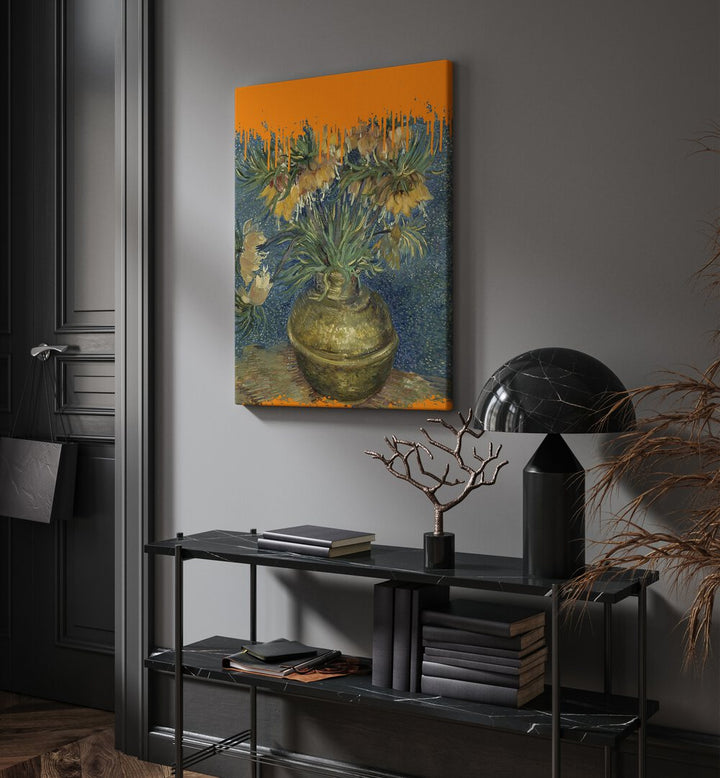 Sunflowers and the Splash Van Gogh by the Art Concept Altered Art Prints in Gallery Wrap placed on a wall behind a table and beside a door