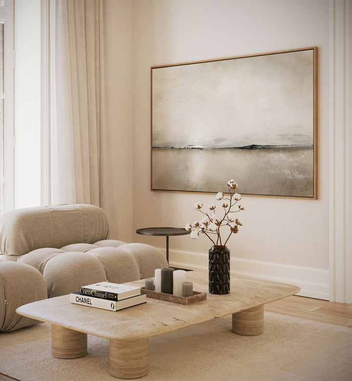 Sunlight Bay By Dan Hobday Abstract Art Abstract Paintings in Oak Wood Plain Frame placed on a Cream Colored Wall in the Living Room