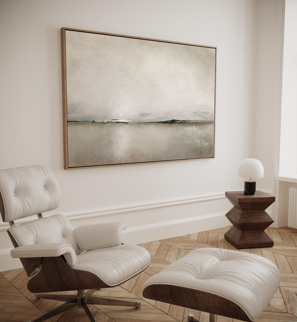 Sunlight Bay By Dan Hobday Abstract Art Abstract Paintings in Oak Wood Plain Frame placed on a White Colored Wall in the Drawing Room