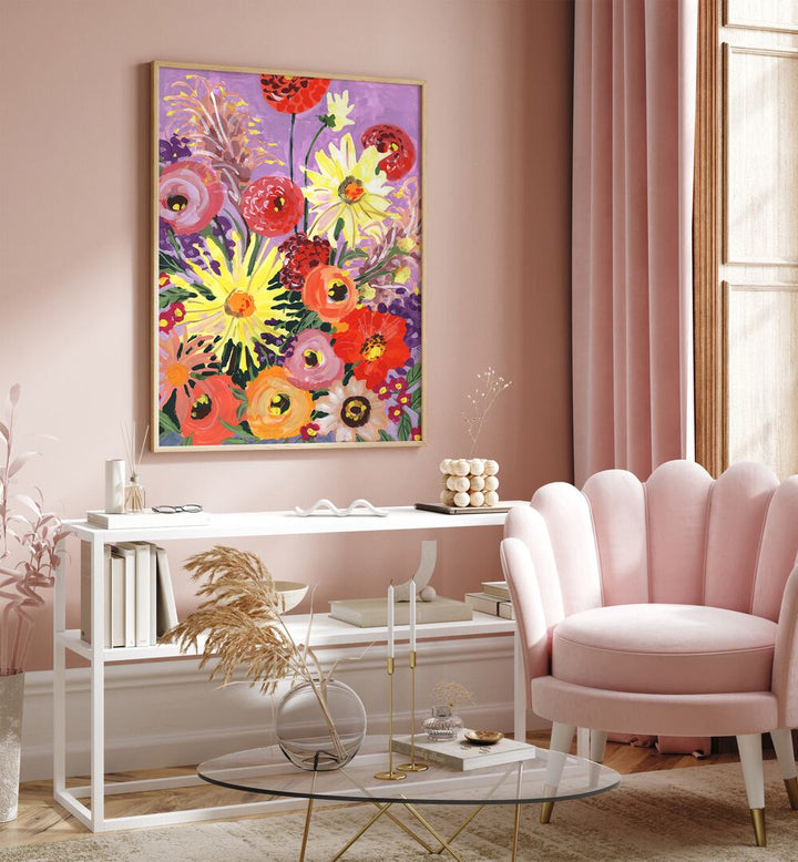 Sunny Asters And Anemones By Ania Zwara Botanical Art Prints Floral Paintings in Oak Wood Plain Frame placed on a Pink Colored Wall above a Console Table in the Drawing Room