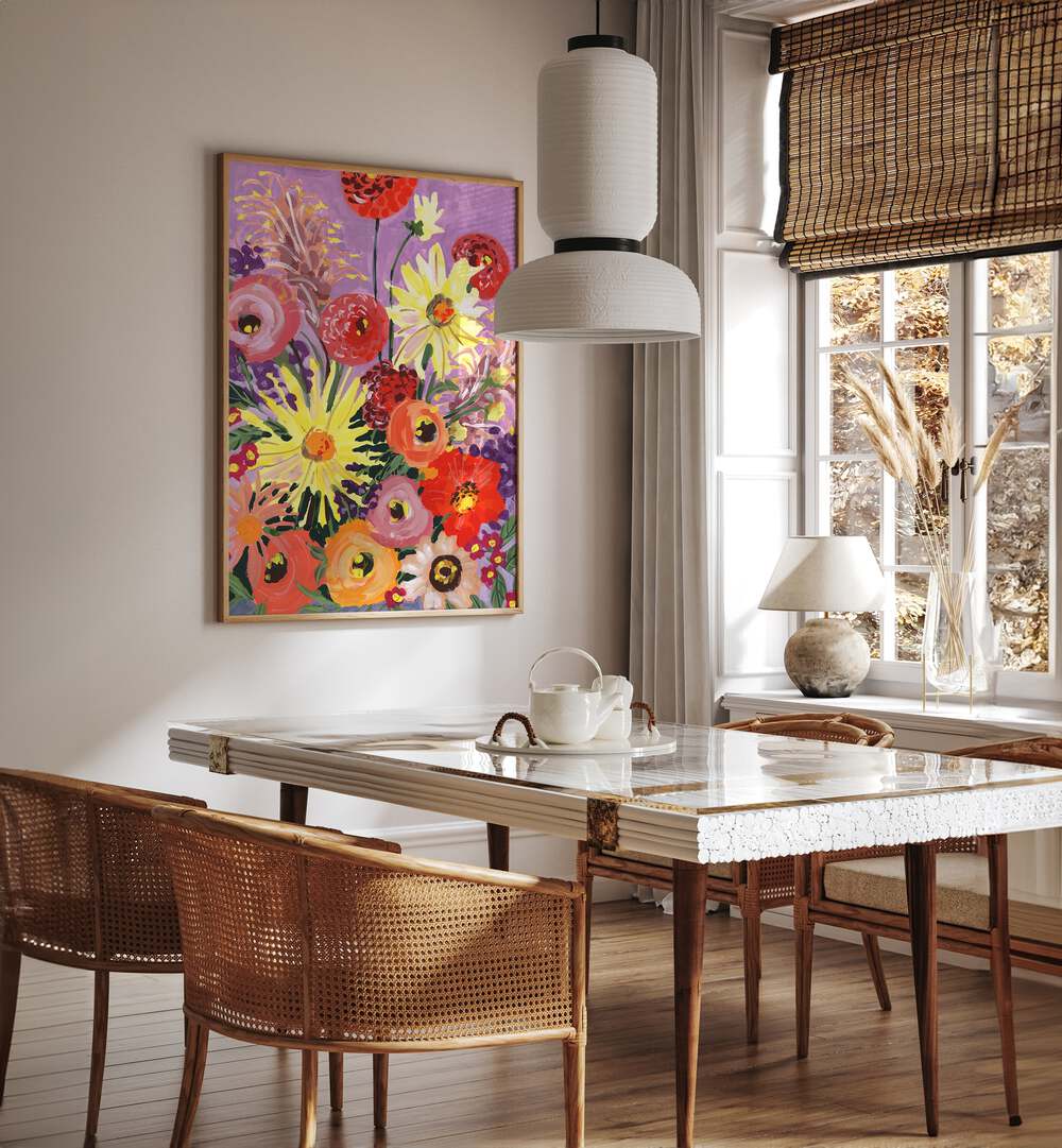 Sunny Asters And Anemones By Ania Zwara Botanical Art Prints Floral Paintings in Oak Wood Plain Frame placed on a Cream Colored Wall near a Dining Table in the Dining Room