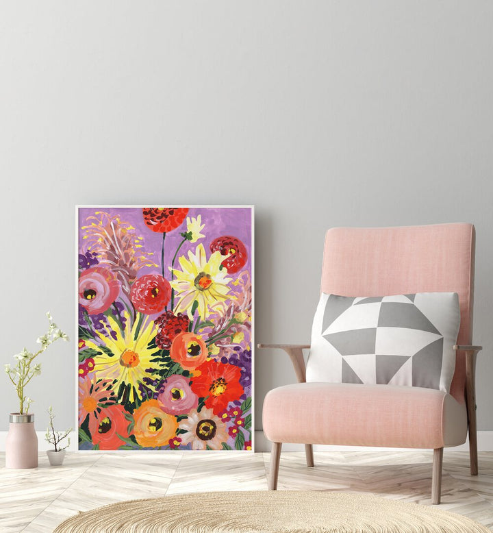 Sunny Asters And Anemones By Ania Zwara Botanical Art Prints Floral Paintings in White Plain Frame placed on the floor near a Grey Colored Wall in the Drawing Room