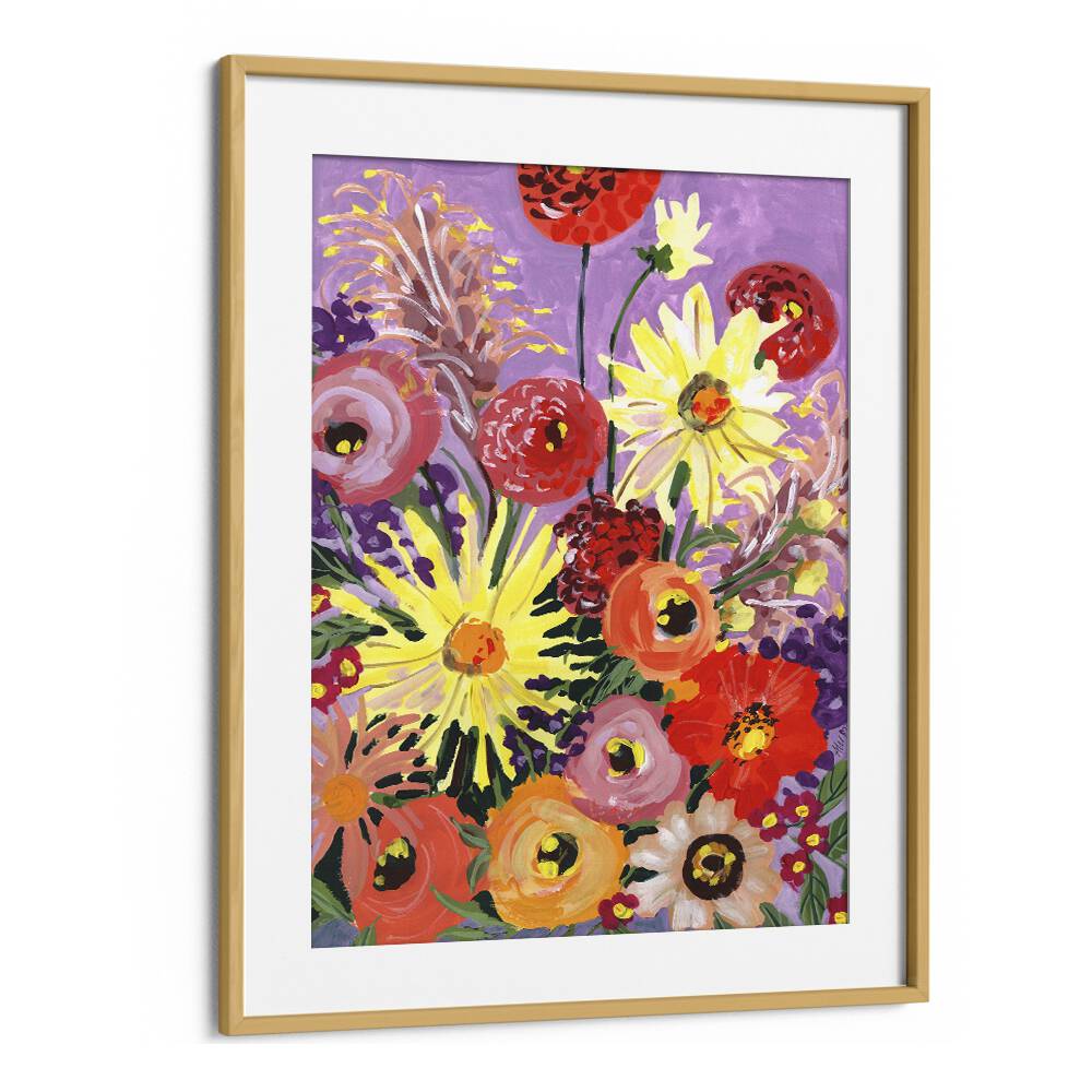 Sunny Asters And Anemones By Ania Zwara Botanical Art Prints Floral Paintings in Oak Wood Frame With Mount