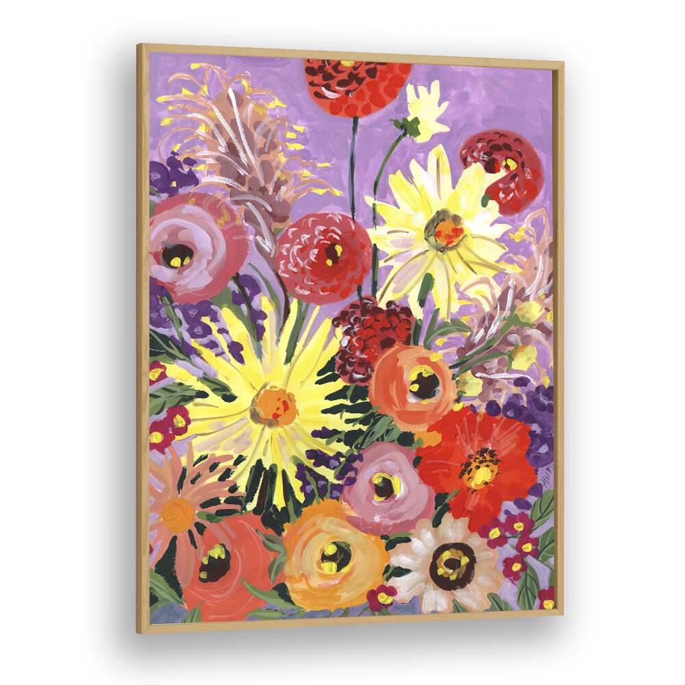 Sunny Asters And Anemones By Ania Zwara Botanical Art Prints Floral Paintings in Oak Wood Plain Frame