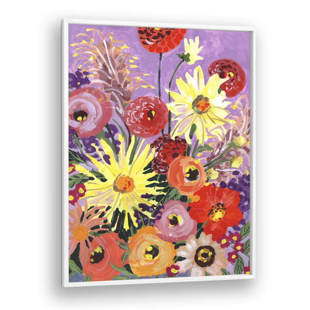 Sunny Asters And Anemones By Ania Zwara Botanical Art Prints Floral Paintings in White Plain Frame