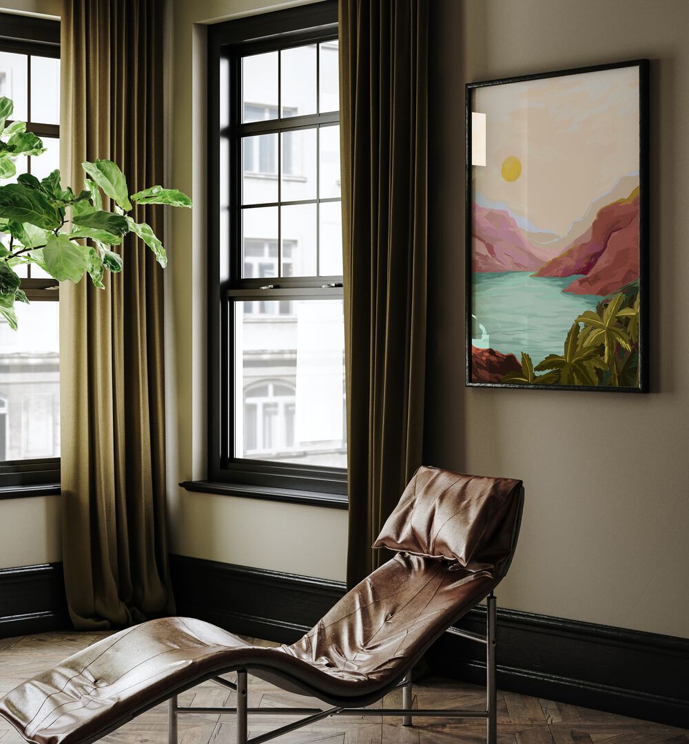 Sunny Paradise By Goed Blauw Landscape Art Prints in Black Plain Frame placed on a Beige Colored Wall in the Drawing Room