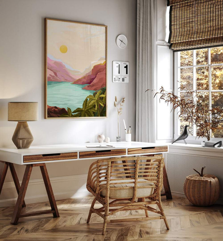 Sunny Paradise By Goed Blauw Landscape Art Prints in Oak Wood Plain Frame placed on a White Colored Wall above a Study Table in the Work Space in the Drawing Room