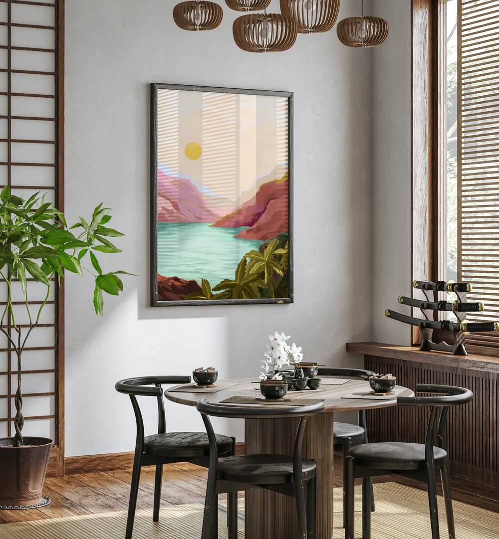 Sunny Paradise By Goed Blauw Landscape Art Prints in Dark Wood Plain Frame placed on a White Colored Wall near a Coffee Table in the Dining Room