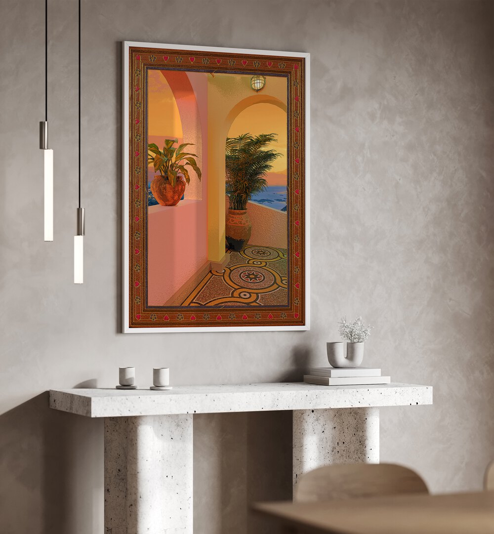 Sunny Place By Cosmo Zach Surreal Art Prints Surrealism in White Plain Frame placed on a wall behind a table