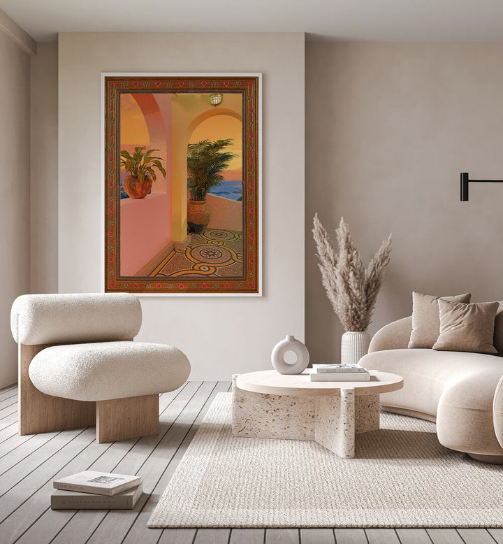 Sunny Place By Cosmo Zach Surreal Art Prints Surrealism in White Plain Frame placed on a wall behind a sofa