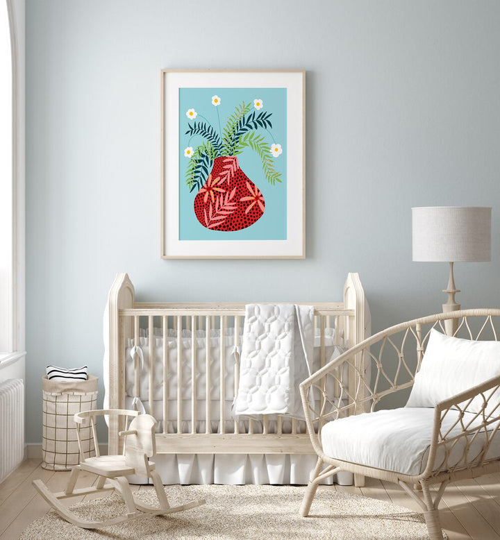 Sunny Side Up Flower Pot By Uma Gokhale Botanical Paintings in Oak Wood Frame With Mount on a wall behind a infant bed for kids room