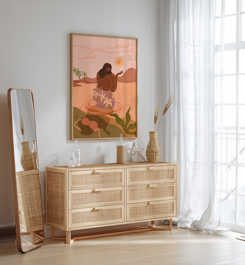 Sunset By Arty Guava Wall Art Prints in Oak Wood Plain Frame placed on a White Colored Wall above a Console Table in the Drawing Room 