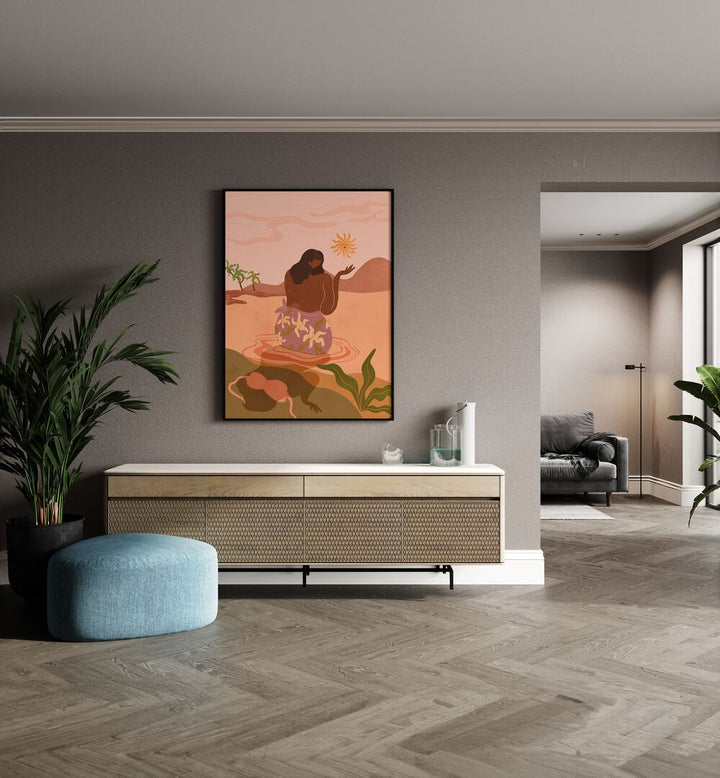 Sunset By Arty Guava Wall Art Prints in Black Plain Frame placed on a Beige Colored Wall above a Console Table in the Drawing Room