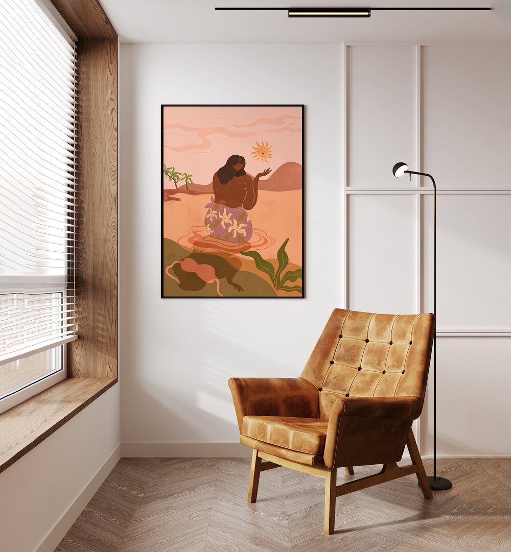 Sunset By Arty Guava Wall Art Prints in Black Plain Frame placed on a Cream Colored Wall in the Drawing Room