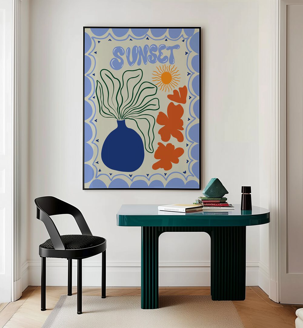 Sunset By Miho Art Studio Botanical Art Prints Floral Paintings in Black Plain Frame placed on a Cream Colored Wall near a Table in a Workspace in the Drawing Room