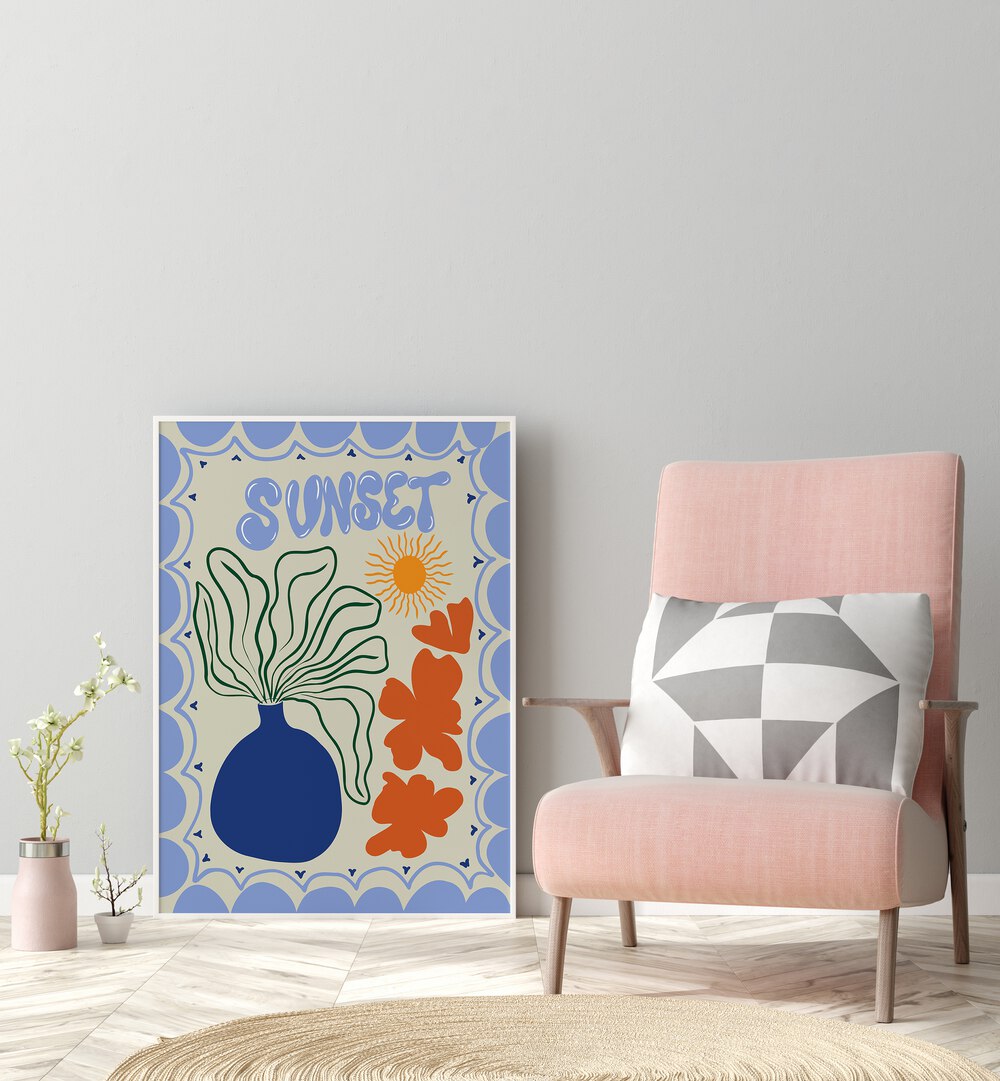 Sunset By Miho Art Studio Botanical Art Prints Floral Paintings in White Plain Frame placed on the floor placed on a Grey Colored Wall in the Drawing Room