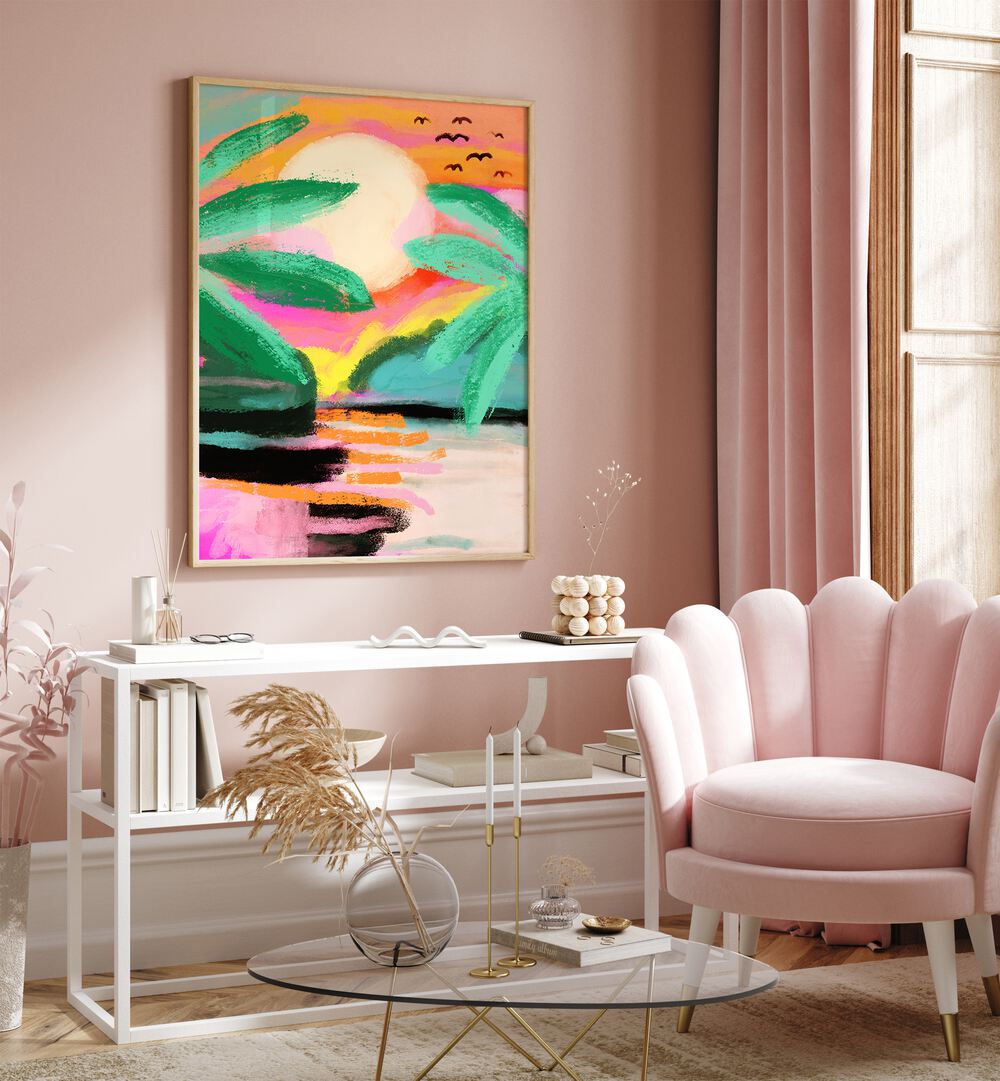 Sunset Island By Treechild Landscape Art Prints in Oak Wood Plain Frame placed on a Pink Colored Wall in the Drawing Room