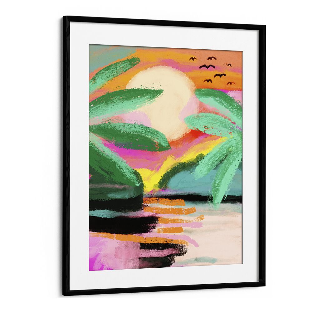 Sunset Island By Treechild Landscape Art Prints in Black Frame With Mount