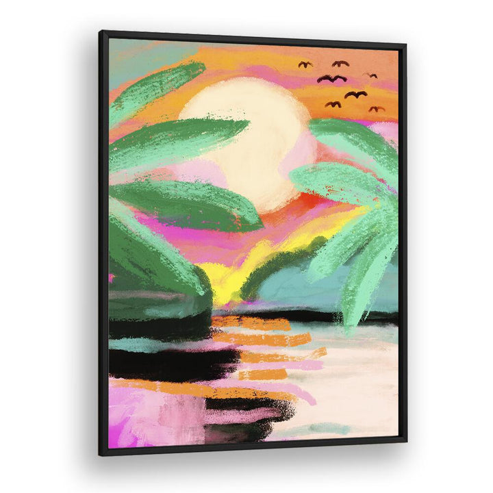 Sunset Island By Treechild Landscape Art Prints in Black Plain Frame