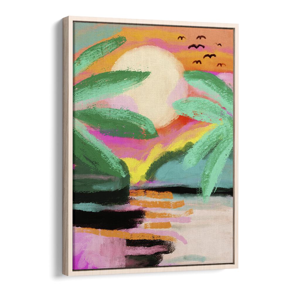 Sunset Island By Treechild Landscape Art Prints in Oak Wood Floater Frame