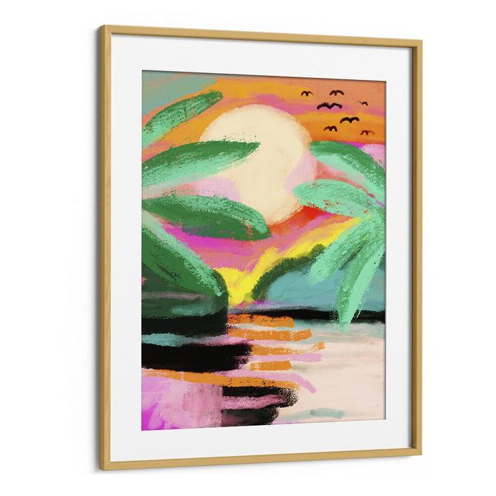 Sunset Island By Treechild Landscape Art Prints in Oak Wood Frame With Mount