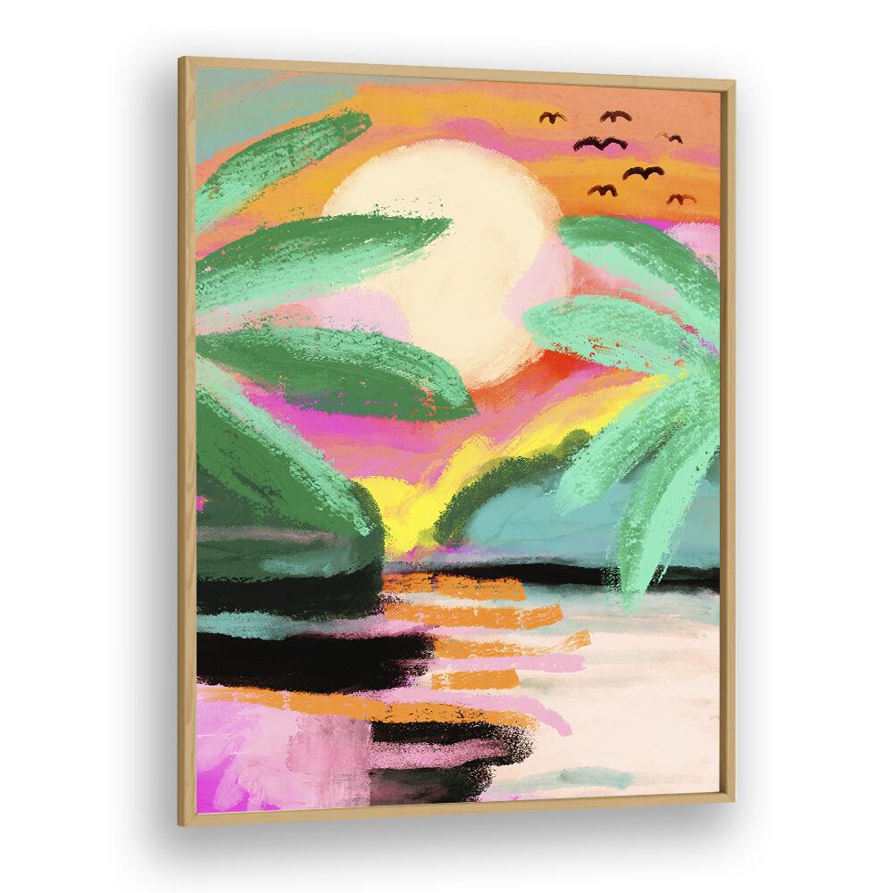 Sunset Island By Treechild Landscape Art Prints in Oak Wood Plain Frame