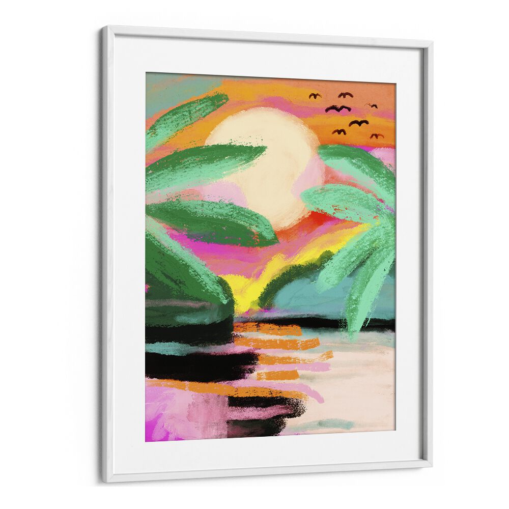 Sunset Island By Treechild Landscape Art Prints in White Frame With Mount