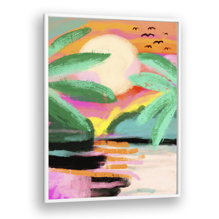 Sunset Island By Treechild Landscape Art Prints in White Plain Frame