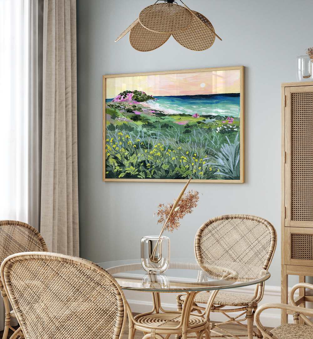 Sunset Rock By Sarah Gesek Landscape Art Prints in Oak Wood Plain Frame placed on a wall behind a dining table and beside a window for dining area