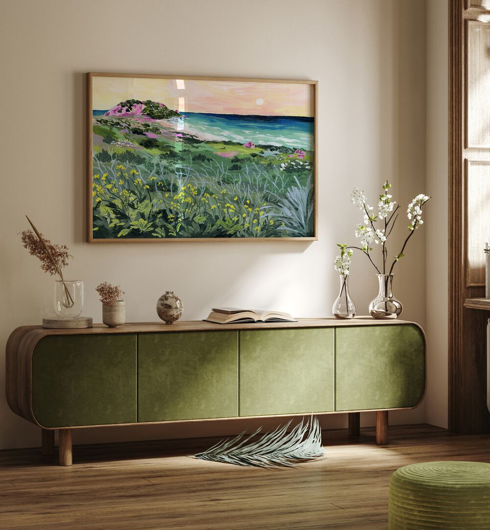 Sunset Rock By Sarah Gesek Landscape Art Prints in Oak Wood Plain Frame placed on a wall behind a console table