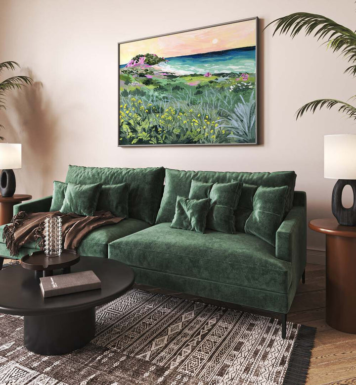 Sunset Rock By Sarah Gesek Landscape Art Prints in Black Plain Frame placed on a living room wall behind a green sofa