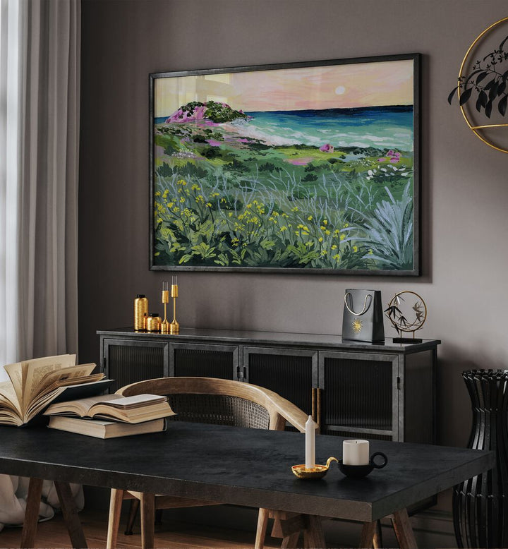 Sunset Rock By Sarah Gesek Landscape Art Prints in Black Plain Frame placed on a wall behind a console table