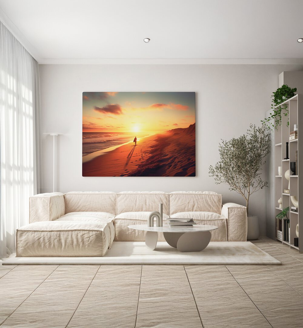 SUNSET BEACH, BEACH PAINTINGS by Philippe Hugonnard captures a serene sunset, perfect for beach lovers’ decor.