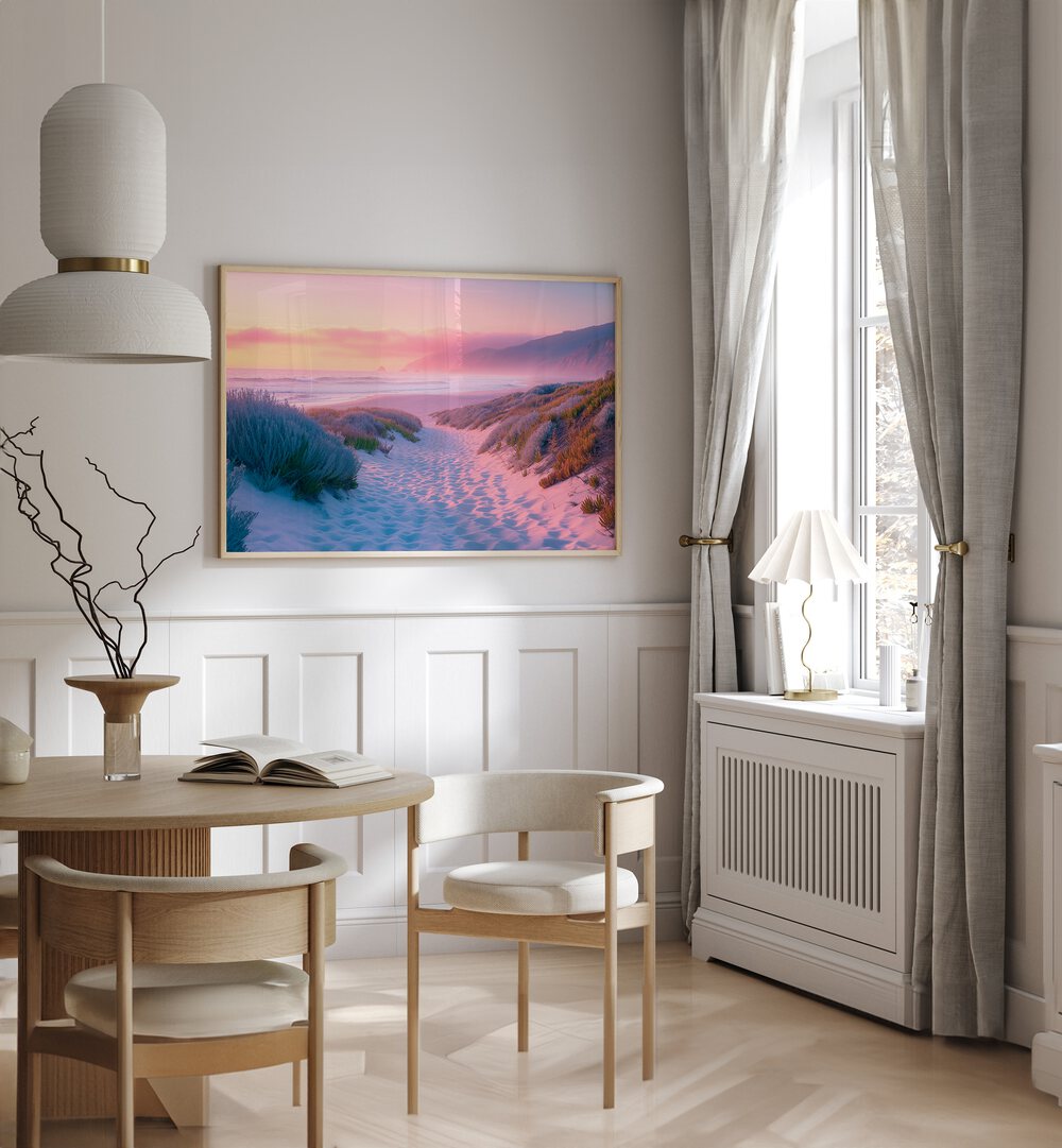 Serene beach scene featuring the SUNSET SAND PATH, BEACH PAINTINGS for a tranquil home atmosphere.