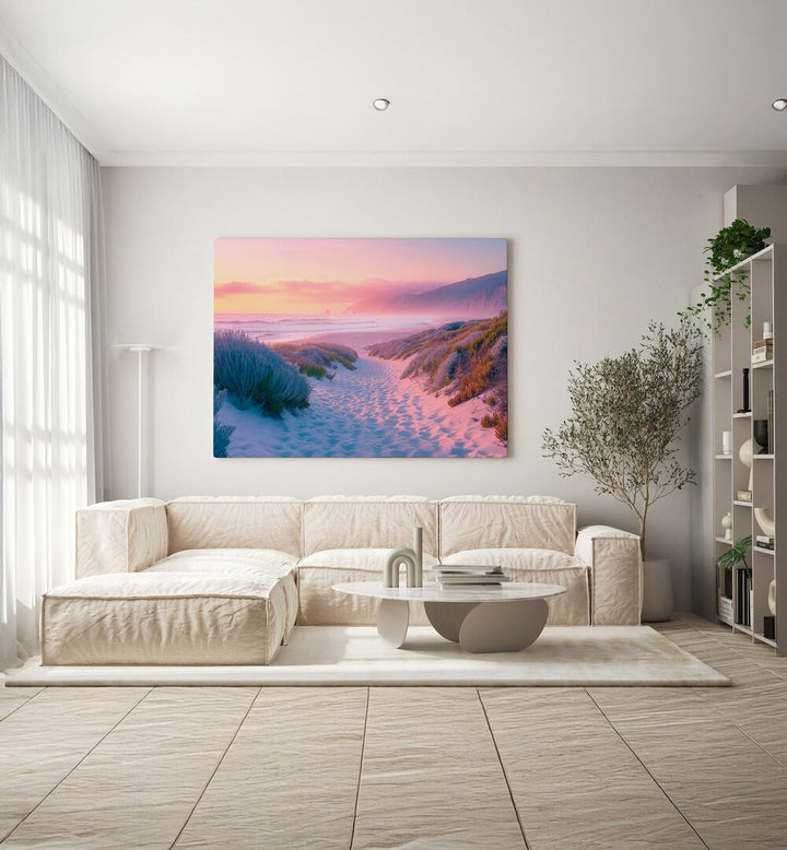 Serene living room showcasing SUNSET SAND PATH, BEACH PAINTINGS by Philippe Hugonnard, perfect for tranquil spaces.