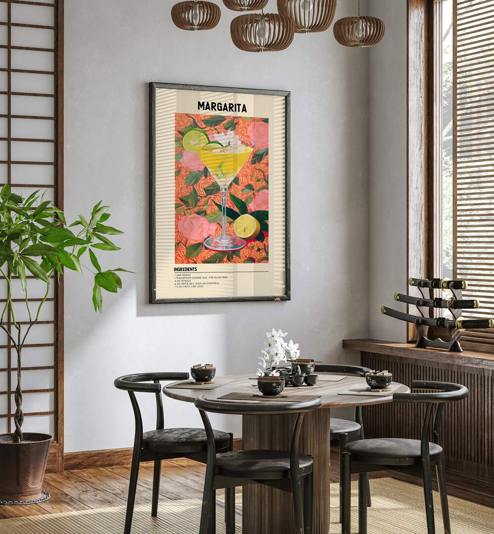 Sunshine Margarita Cafe Art Prints Cafe Posters in Black Plain Frame placed on a wall in a dining room area beside a window and behind a dining table