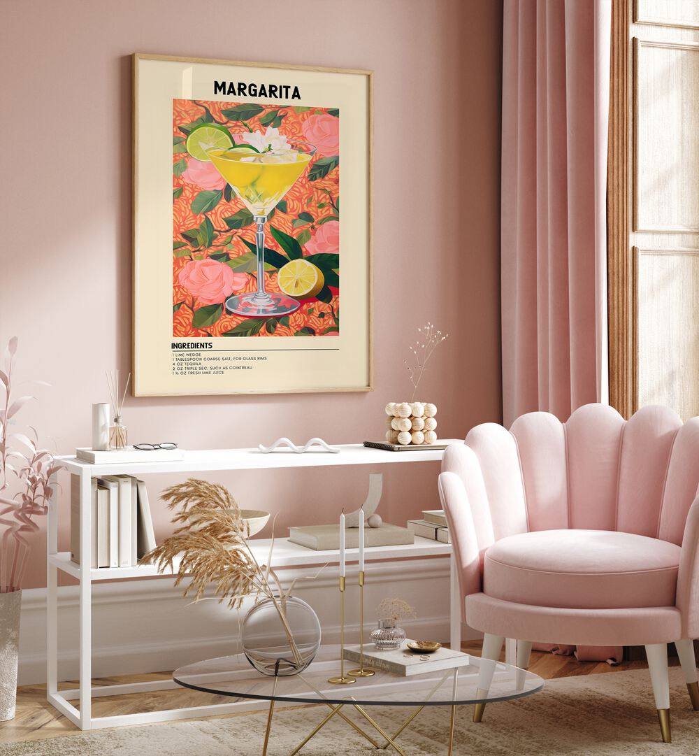 Sunshine Margarita Cafe Art Prints Cafe Posters in Oak Wood Plain Frame placed on a wall behind a table