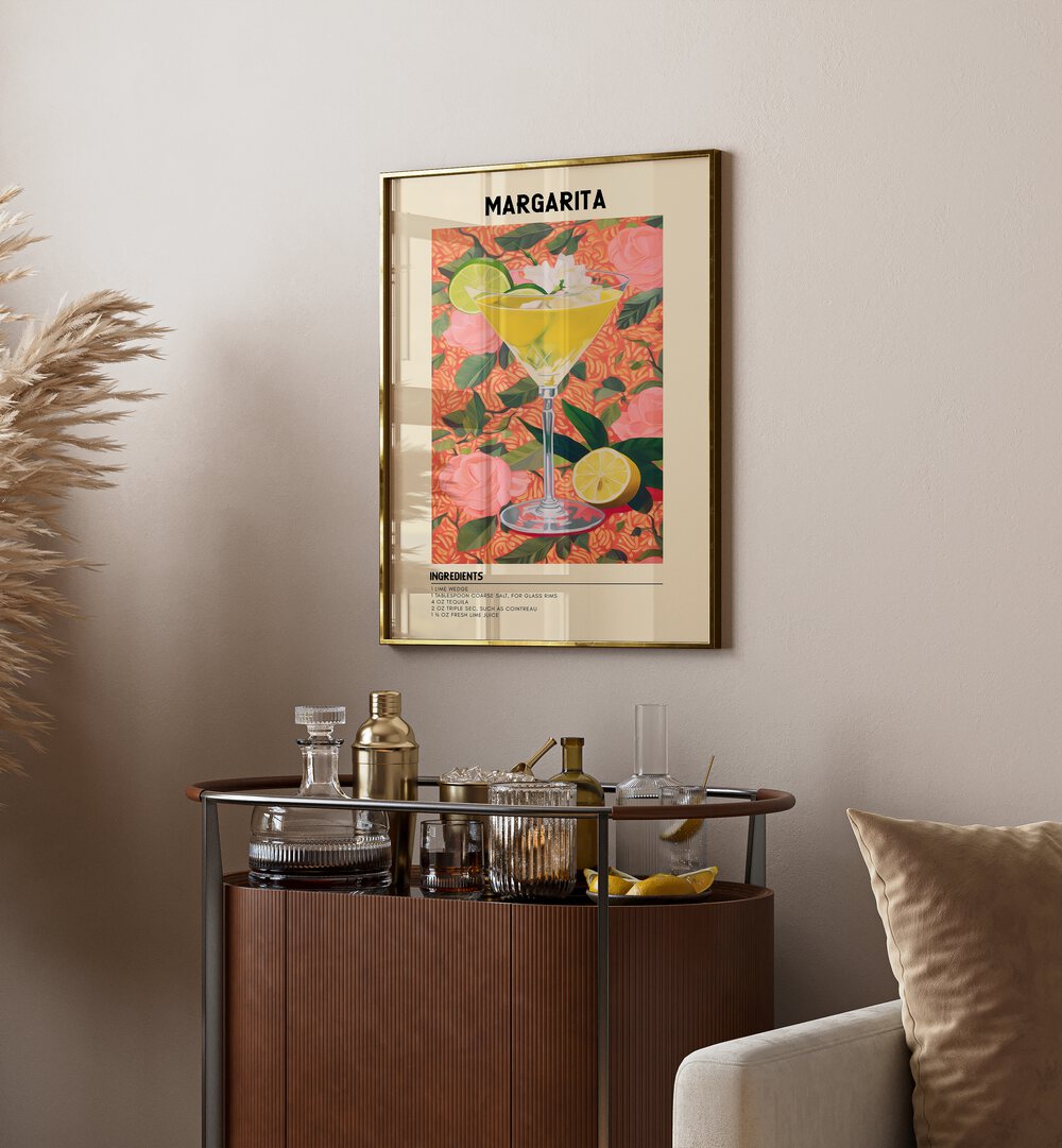 Sunshine Margarita Cafe Art Prints Cafe Posters in Gold Plain Frame placed on a wall behind a table