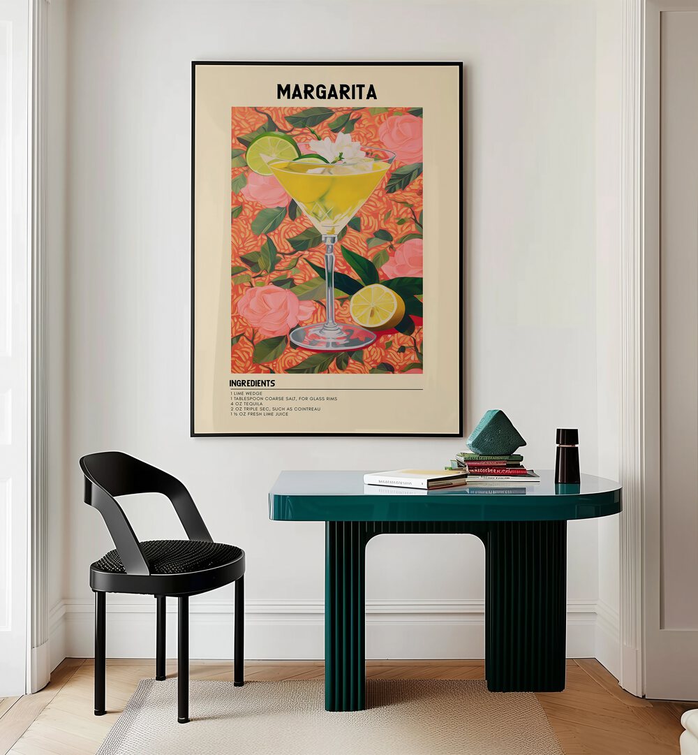 Sunshine Margarita Cafe Art Prints Cafe Posters in Black Plain Frame placed on a wall behind a study table