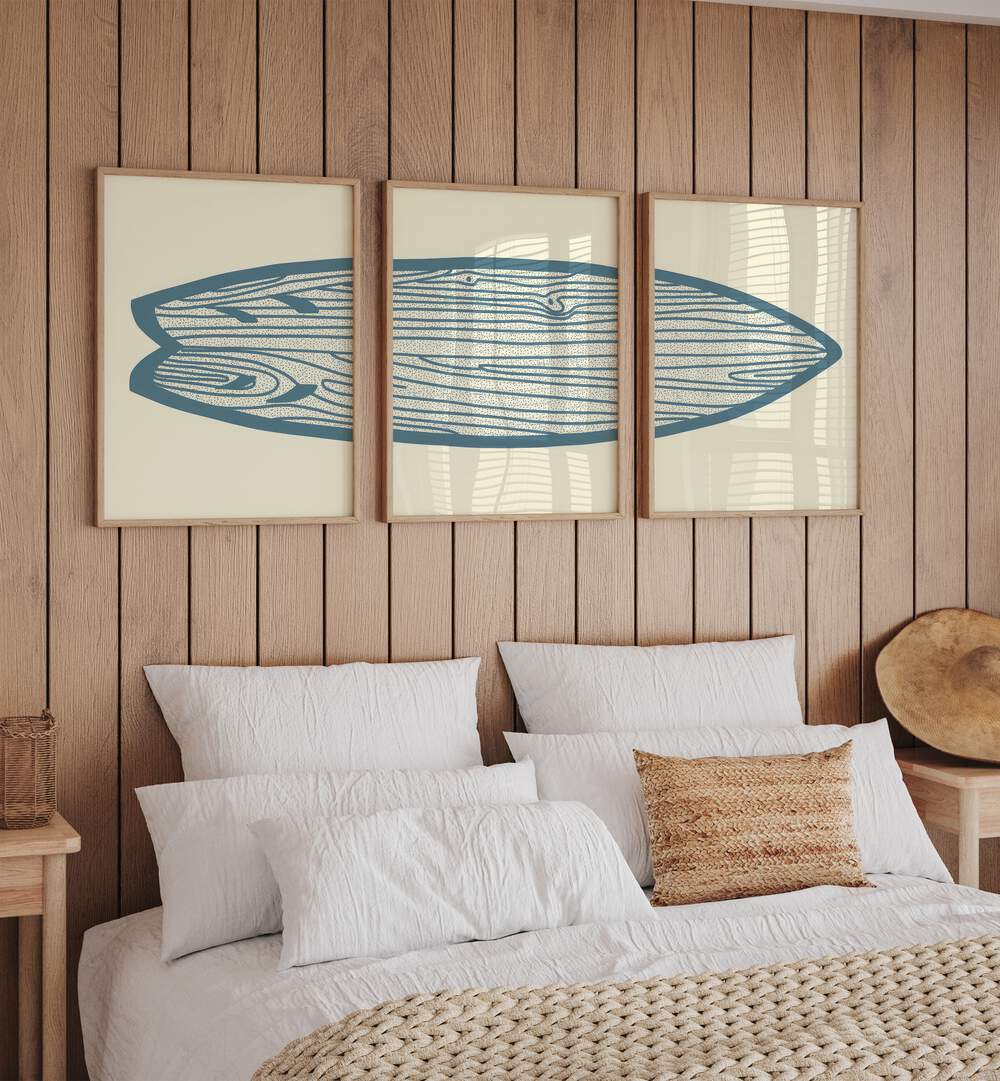 Surf Board Artworks Set Of 3 Paintings in Oak Wood Plain Frame placed on a wall behind a bed for bedroom