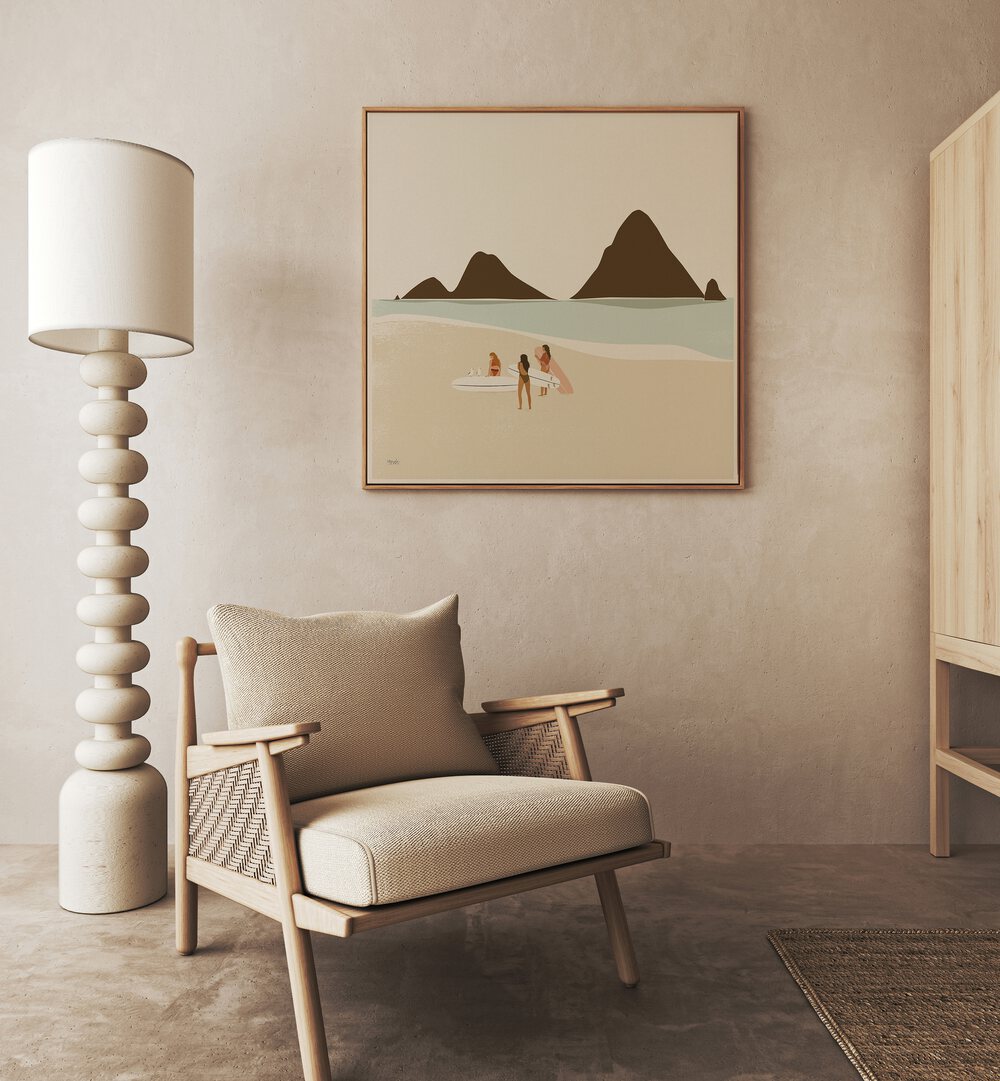 Surf Club By Andi Bell Beach Prints in Oak Wood Floater Frame on a beige wall placed behind a sofa