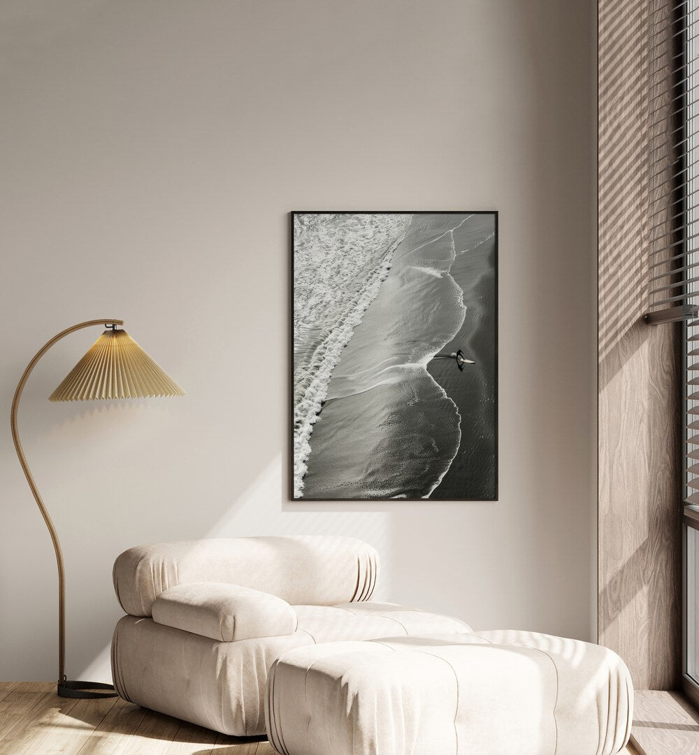 Surf Noir Beach Prints Coastal Wall Art in Black Plain Frame placed on a Beige Colored Wall  in the Drawing Room